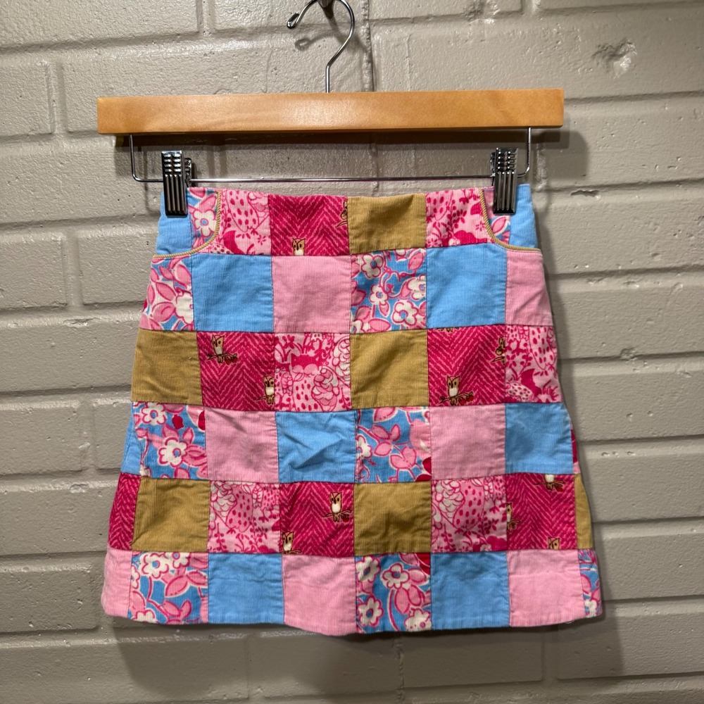 Lilly Pulitzer Patchwork Corduroy Owl Floral Skirt Girls Pink 7 Preppy Whimsical